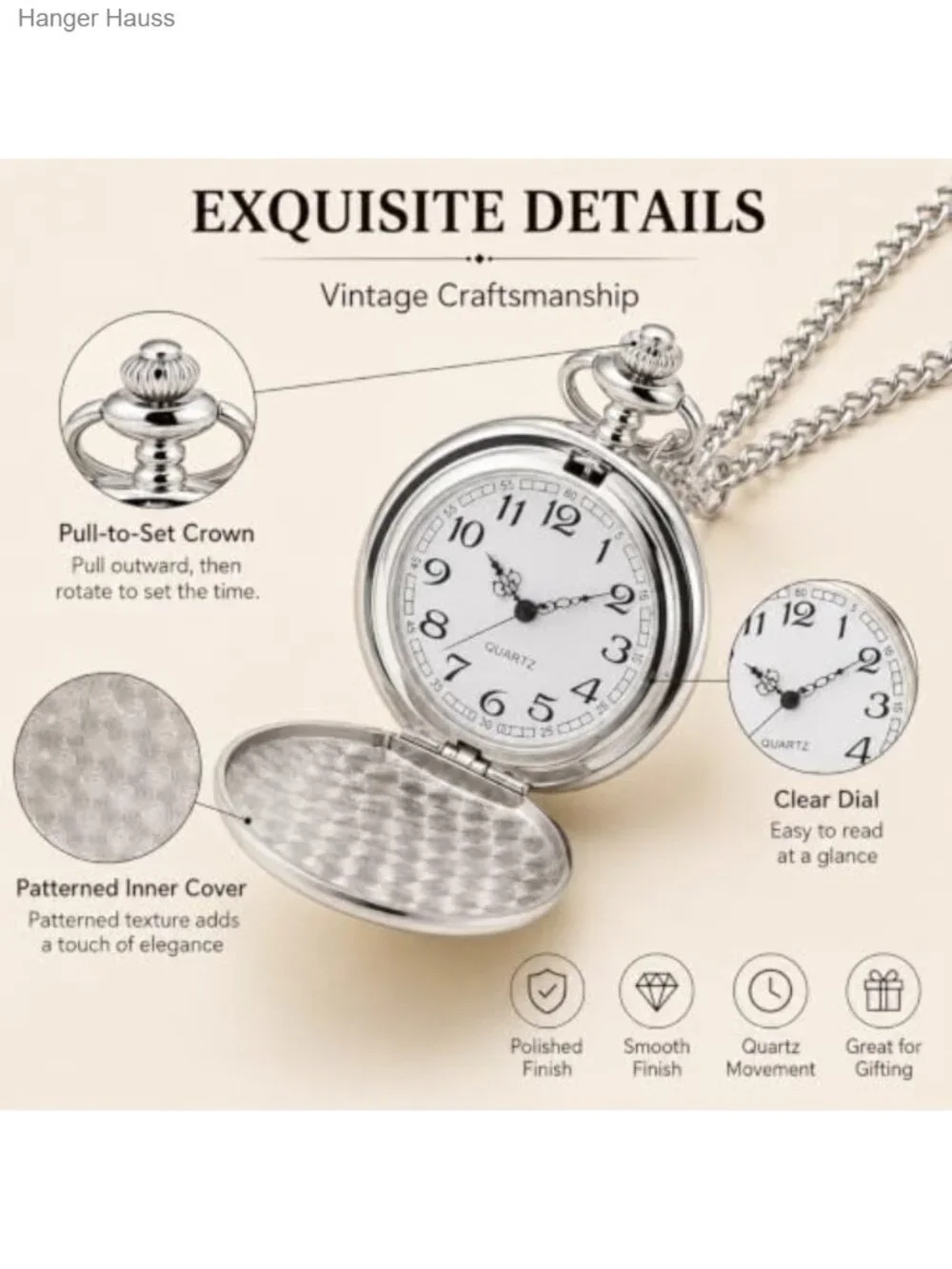Vintage 1920s Inspired Smooth Pocket Watch with Chain - Quartz Analog for Men